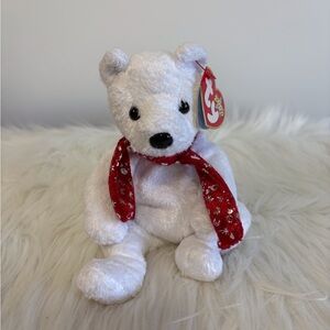 Ty 2000 Holiday Teddy White Plush Bear with Red Scarf